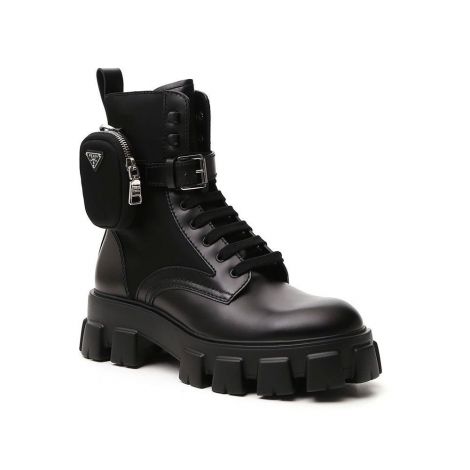 Prada Ayakkabı Combat Bot Siyah - Prada Erkek Bot Prada Ayakkabi Erkek Strapped Pouch Combat Boots Siyah